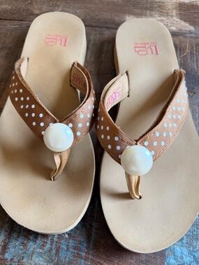 Lulu's Tan Polka Dot Flip Flops with Pearl Accent